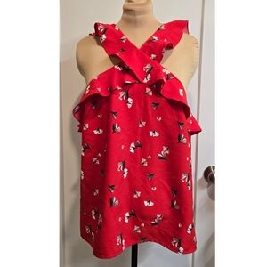 EUC Banana Republic red ruffled halter tank with abstract gingko floral, size XL